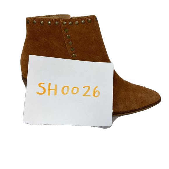 Lucky Brand Boots Womens Sz 7.5 Linnea Tan Suede Leather Gold Studded Heel Ankle - Picture 11 of 11
